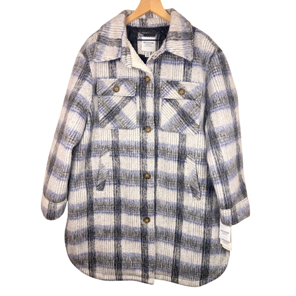 NWT Modern Supply by Sanctuary Sherpa Lined Plaid Shacket Jacket XL Blue